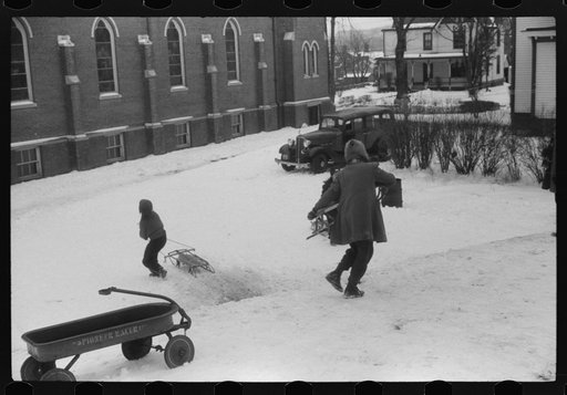 Untitled photo, possibly related to: Children sledding in Jewett City, Connecticut