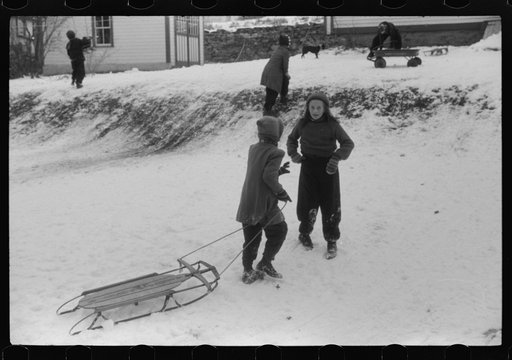 Untitled photo, possibly related to: Children sledding in Jewett City, Connecticut