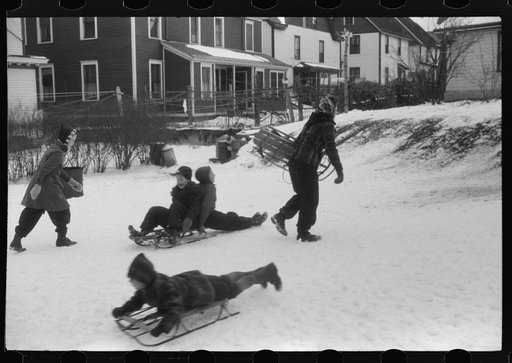 Untitled photo, possibly related to: Children sledding in Jewett City, Connecticut