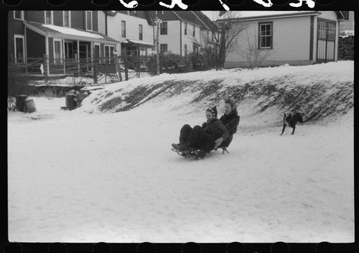 Untitled photo, possibly related to: Children sledding in Jewett City, Connecticut
