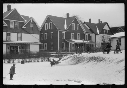 Untitled photo, possibly related to: Children sledding in Jewett City, Connecticut