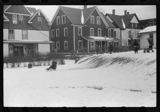 Untitled photo, possibly related to: Children sledding in Jewett City, Connecticut