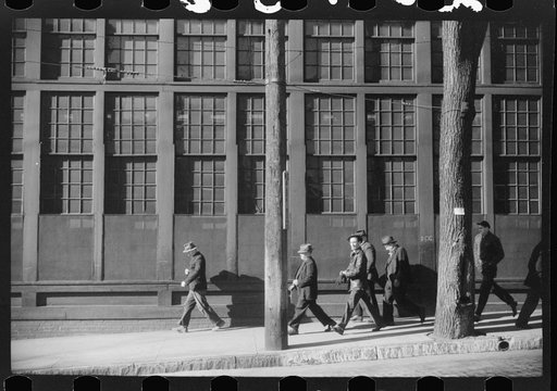 Workers coming out of the Farrell Birmingham Foundry. Ansonia, Connecticut