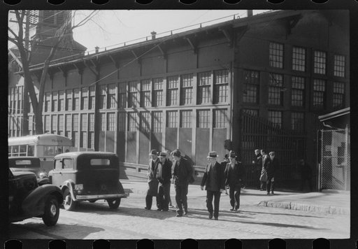Untitled photo, possibly related to: Workers coming out of the Farrell Birmingham Foundry. Ansonia, Connecticut
