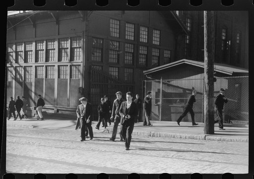 Untitled photo, possibly related to: Workers coming out of the Farrell Birmingham Foundry. Ansonia, Connecticut
