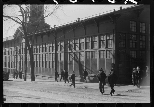 Workers coming out of the Farrell Birmingham Foundry. Ansonia, Connecticut