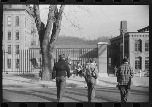 Untitled photo, possibly related to: Young workers waiting to go into work at the Penomah Mills Inc., Taftville, Connecticut