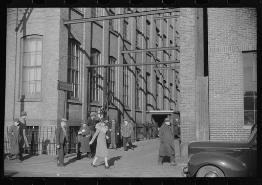 Untitled photo, possibly related to: Employees leaving Brown and Sharpe Manufacturing Company, Providence, Rhode Island