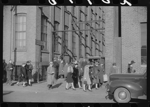 Untitled photo, possibly related to: Employees leaving Brown and Sharpe Manufacturing Company, Providence, Rhode Island