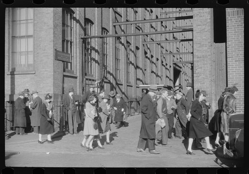 Untitled photo, possibly related to: Employees leaving Brown and Sharpe Manufacturing Company, Providence, Rhode Island