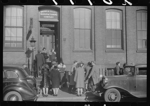Untitled photo, possibly related to: Employees leaving Brown and Sharpe Manufacturing Company, Providence, Rhode Island