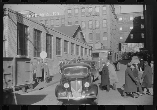 Untitled photo, possibly related to: Employees leaving Brown and Sharpe Manufacturing Company, Providence, Rhode Island