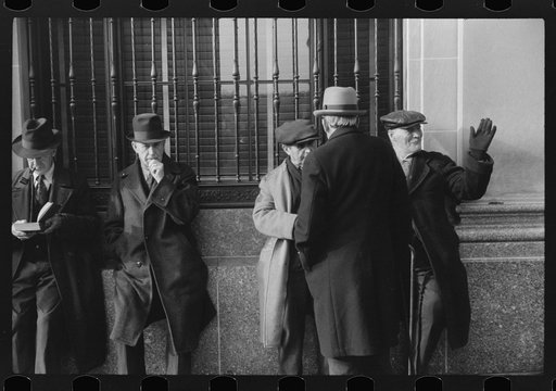Men outside of a bank in Woonsocket, Rhode Island