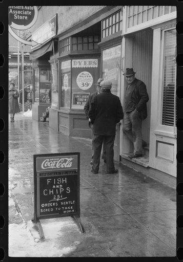 Men outside of a beer parlor in Jewett City, Connecticut
