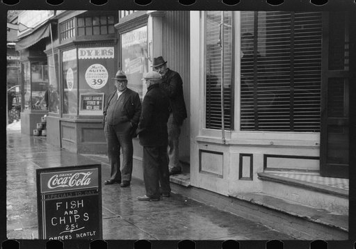 Untitled photo, possibly related to: Men outside of a beer parlor in Jewett City, Connecticut