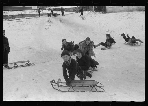 Untitled photo, possibly related to: Children sledding, Jewett City, Connecticut