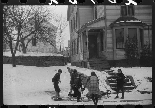Untitled photo, possibly related to: Children sledding, Jewett City, Connecticut