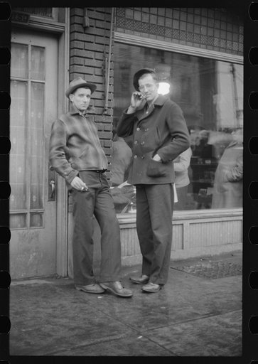 Untitled photo, possibly related to: Steel workers waiting for a bus in Aliquippa, Pennsylvania