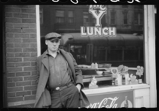 Untitled photo, possibly related to: Steel worker waiting for a bus in Aliquippa, Pennsylvania