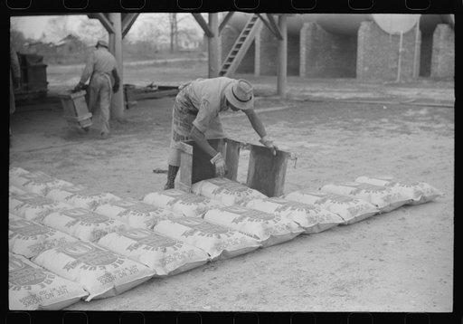 Untitled photo, possibly related to: Laying out bags of hot rosin to harden at a turpentine works in Statesboro, Georgia