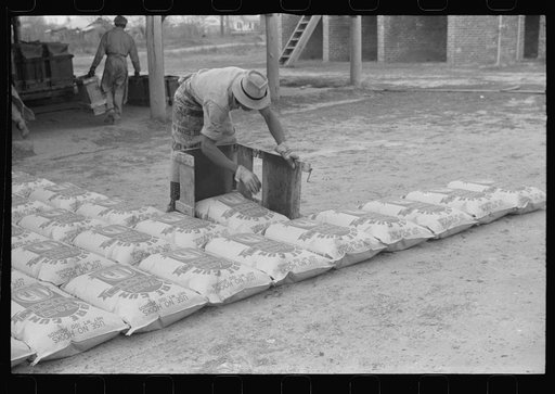 Laying out bags of hot rosin to harden at a turpentine works in Statesboro, Georgia