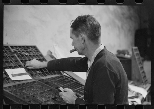 Untitled photo, possibly related to: Setting type in the local newspaper office in Franklin, Heard County, Georgia