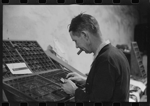 Setting type in the local newspaper office in Franklin, Heard County, Georgia