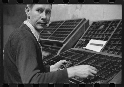 Untitled photo, possibly related to: Setting type in the local newspaper office in Franklin, Heard County, Georgia