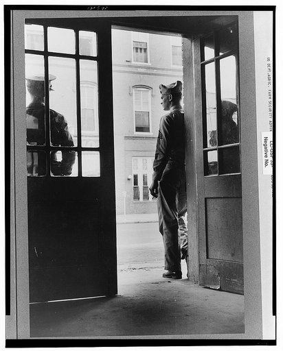 Soldiers from Fort Benning waiting at the bus terminal in Columbus, Georgia
