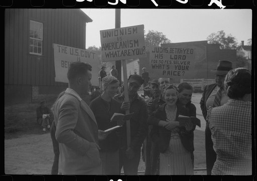 Untitled photo, possibly related to: Pickets outside a textile mill in Greensboro, Green County, Georgia