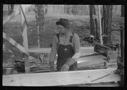 A sawmill worker at a small sawmill works in southern Greene County, Georgia