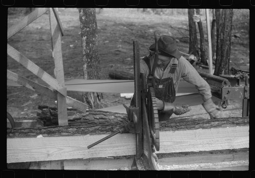 Untitled photo, possibly related to: A sawmill worker at a small sawmill works in southern Greene County, Georgia