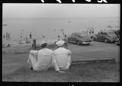 Untitled photo, possibly related to: Soldiers watching the bathing crowds at Yorktown, Virginia
