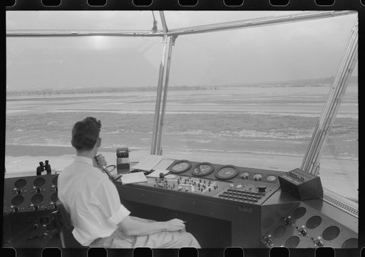 Untitled photo, possibly related to: Plane coming in at the municipal airport, seen from the control tower, Washington, D.C.