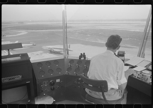 Untitled photo, possibly related to: Plane coming in at the municipal airport, seen from the control tower, Washington, D.C.