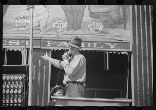 Barker at a sideshow at the Rutland Fair, Rutland, Vermont