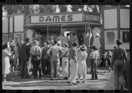 Untitled photo, possibly related to: At a "girlie" sideshow at the Rutland Fair, Rutland, Vermont