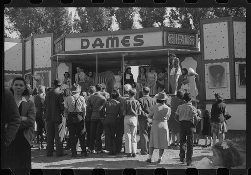 Untitled photo, possibly related to: At a "girlie" sideshow at the Rutland Fair, Rutland, Vermont