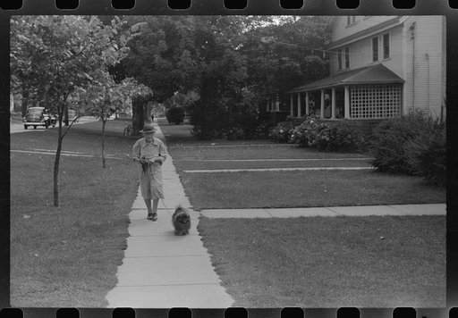 Old woman and Pekingese walking along a street in Saint Albans, Vermont