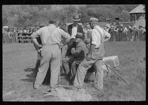 Untitled photo, possibly related to: Tunbridge, Vermont. Weight-pulling contest for horses at the "World's Fair"
