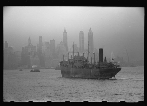 Lower Manhattan seen from the S.S. Coamo leaving New York