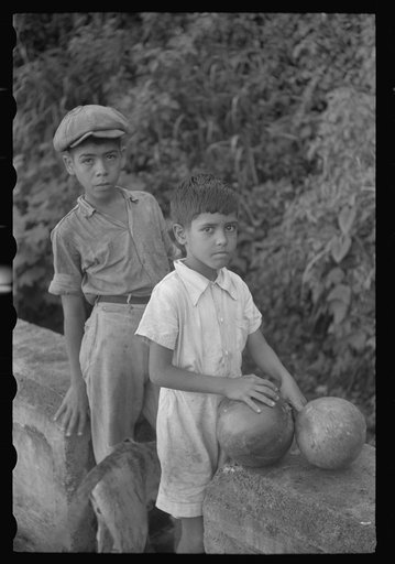 Waiting at a spring to get water which is carried in gourdlike containers. Near Corozal, Puerto Rico