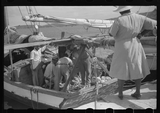 Buying produce at the waterfront in Christiansted. Most of the food comes in little schooners from Puerto Rico and the neighboring islands. Virgin Islands