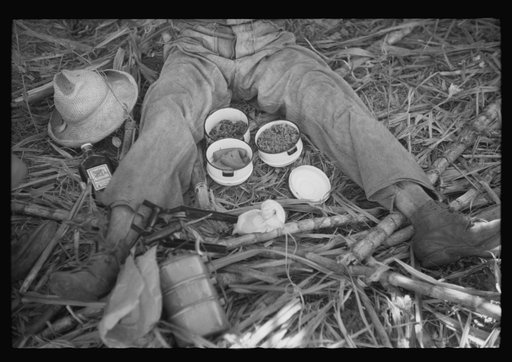 Untitled photo, possibly related to: Guanica (vicinity), Puerto Rico. Lunch of a sugar worker consisting of rice, beans and papaya. On a plantation