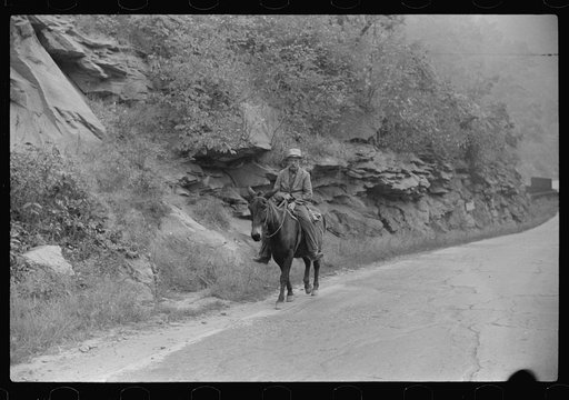 Old miner on donkey, still quite a common means of transportation, in county road near Mohegan, West Virginia