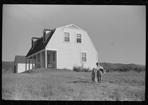 Homesteader's son bringing home some potatoes he got out of community garden, Tygart Valley, West Virginia
