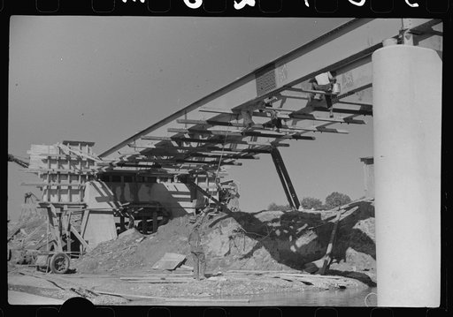 Untitled photo, possibly related to: Construction of new bridge, Tygart Valley Homesteads, West Virginia