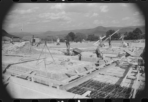Untitled photo, possibly related to: Construction work on new community building, Tygart Valley Homesteads, West Virginia