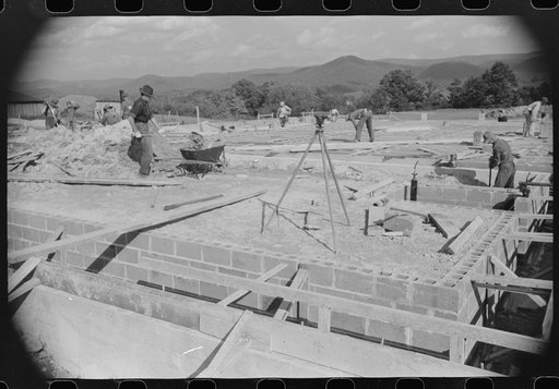 Untitled photo, possibly related to: Construction work on new community building, Tygart Valley Homesteads, West Virginia