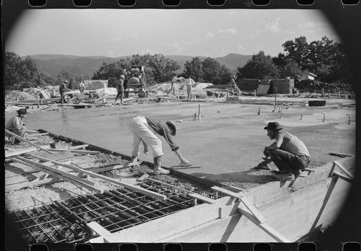 Construction work on new community building, Tygart Valley Homesteads, West Virginia
